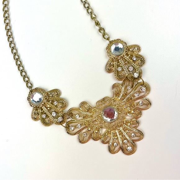 ❤️ LAILA ROWE Filigree Bejeweled Statement Necklace Gold Art Deco Gatsby Regency - Picture 4 of 6